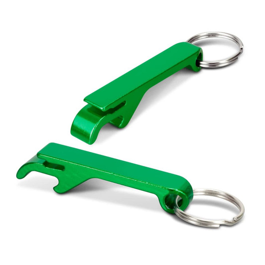 A drink bottle opener key ring in bright green metal, featuring a simple design and a keyring attachment.