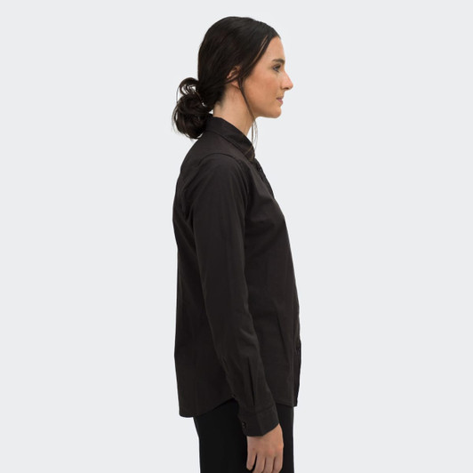 A women's black poplin button-up shirt with long sleeves, featuring a collar and a side view of the fit.