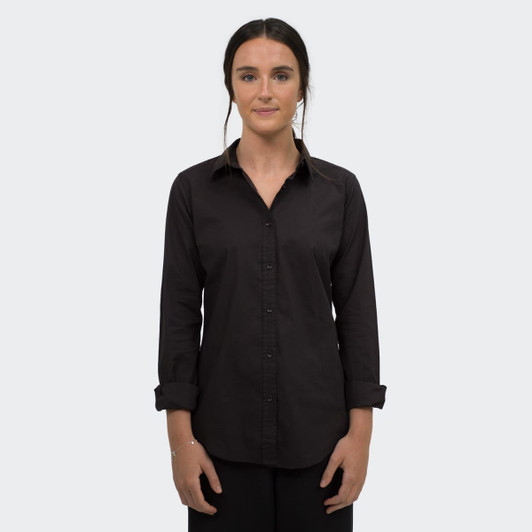 A black button-up shirt with long sleeves and a classic collar, featuring a branding logo.