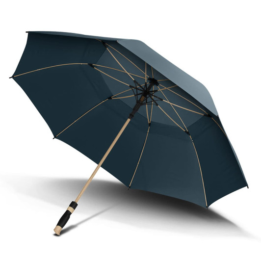 A dark blue umbrella with a wooden handle and a large canopy, featuring an interior framework. It has a logo.