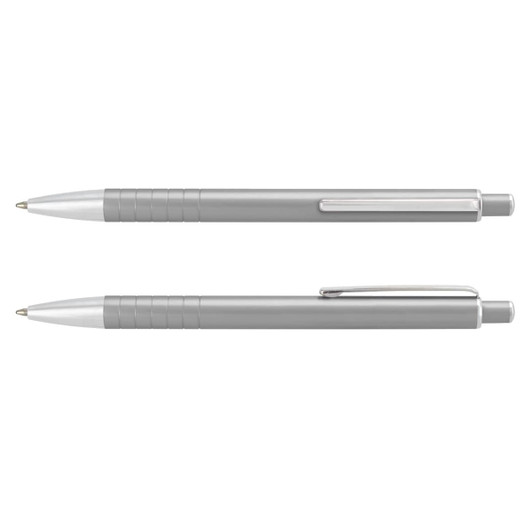 A metal pen with a sleek silver design featuring a ribbed grip and a clip. It has a branding logo.