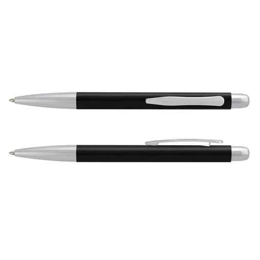 A metal pen in black with silver accents, featuring a sleek design and a clip. Includes a branding logo.
