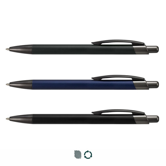 Three metal pens displayed in black, navy blue, and dark grey, each featuring a clip and a logo.