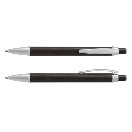 A sleek black Guilloche pen featuring silver accents, presented with a logo. Two pens displayed, top and bottom view.