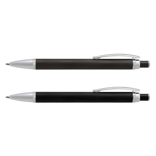 Two metal pens are displayed: one with a black rubber grip and silver accents, and the other entirely in black. Both have branding.