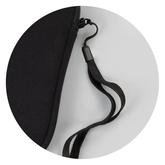 A black phone sleeve featuring a textured strap and zipper for secure storage. Contains branding on the fabric.