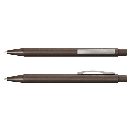 A brown Lancer Pen ReGrind with a sleek design, featuring a silver clip and branding on the side.