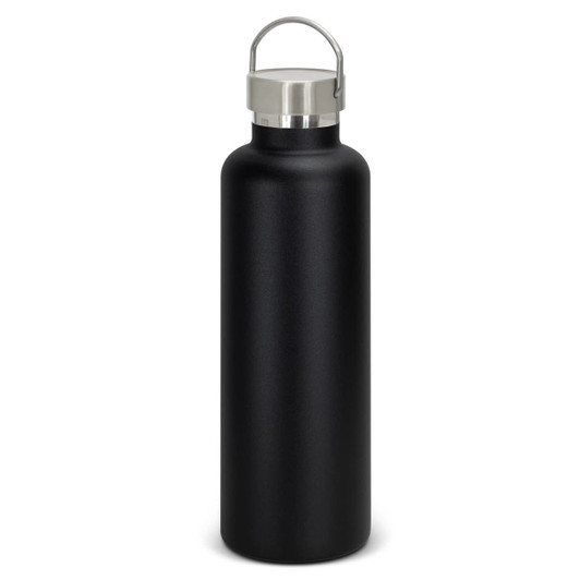 A drink bottle with a sleek matte black finish and a stainless steel lid, featuring a carry handle.