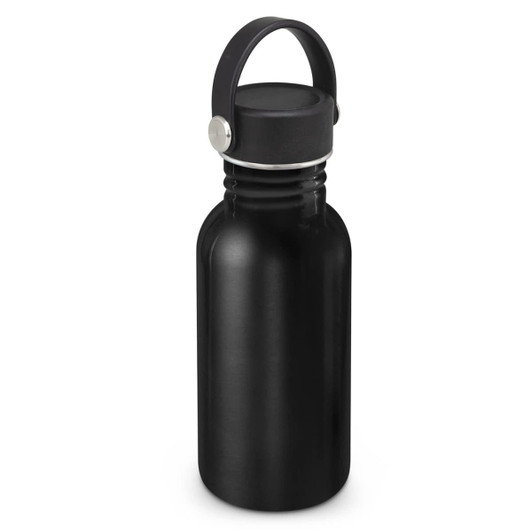 A drink bottle in matte black with a carry lid and a metal accent. It has a sleek, modern design.