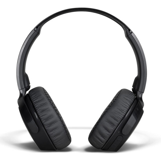 Black wireless headphones with cushioned ear cups and adjustable headband, featuring a logo on the side.