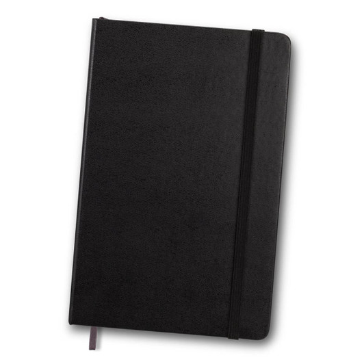 A black Moleskine sketchbook with a textured cover and an elastic closure band.