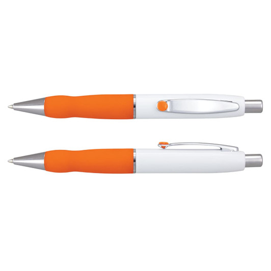 A metal pen with a white barrel and orange grip, featuring a silver clip and accents. It has a logo on the barrel.