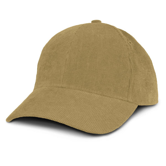 A corduroy cap in khaki colour, featuring a curved brim and a logo on the front.