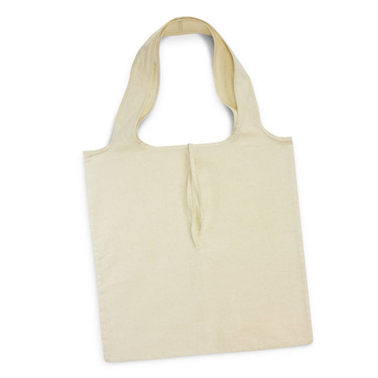 A foldable tote bag in a light cream colour, featuring a simple design and shoulder straps. It has a logo on it.