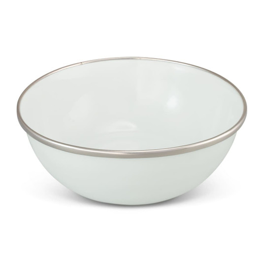 A pale green enamel bowl with a silver rim, featuring a smooth, glossy finish and a rounded shape.