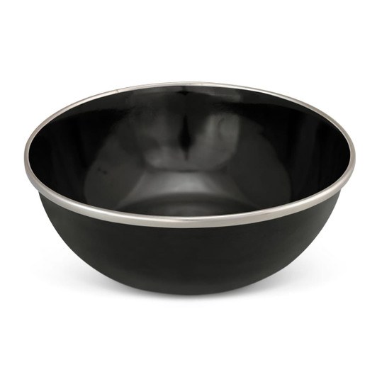 A black enamel bowl with a silver rim, featuring a shiny, smooth interior finish.
