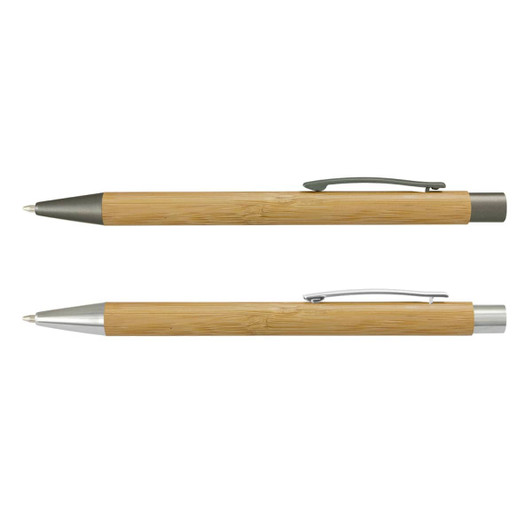 Two bamboo pens with silver and grey metal accents, featuring a sleek and natural design.