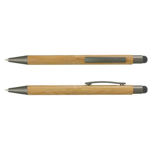 A bamboo stylus pen in natural wood with silver accents and a black rubber tip, featuring a clip and a branding element.