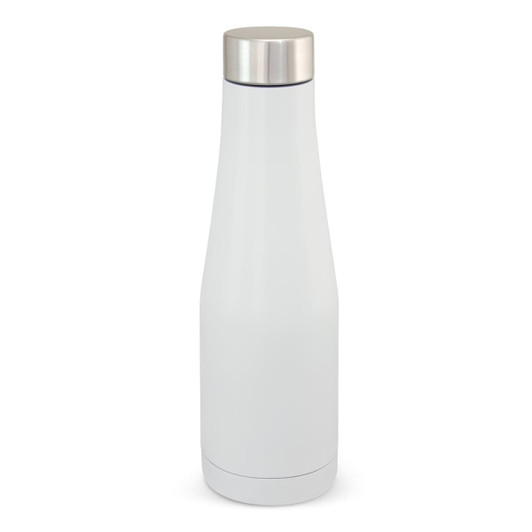 A drink bottle in white with a stainless steel lid and a sleek, modern design. It features a logo.