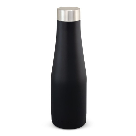 A drink bottle made of black stainless steel with a silver lid and a sleek, modern design.