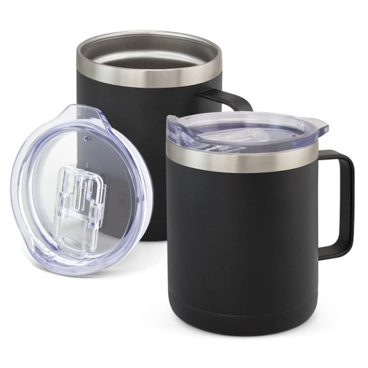A drink bottle in black with a stainless steel rim, featuring a clear lid and handle. Two cups are shown together.