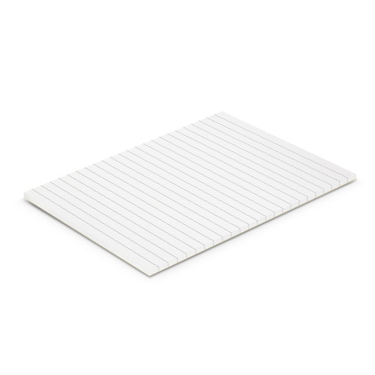 A notepad featuring lined pages, rectangular shape, and a clean white design, with a branding logo on it.