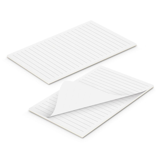A white notepad featuring lined pages, measuring 90mm x 160mm, with a branding logo visible.