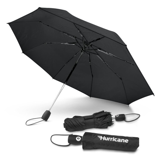 A black umbrella with a metal frame, featuring a branded storage pouch and a built-in handle.