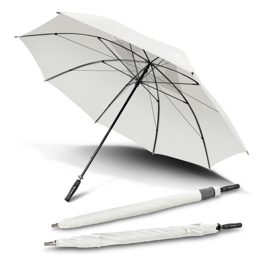 A white sport umbrella with a black handle, featuring a logo, and a compact design for easy storage.