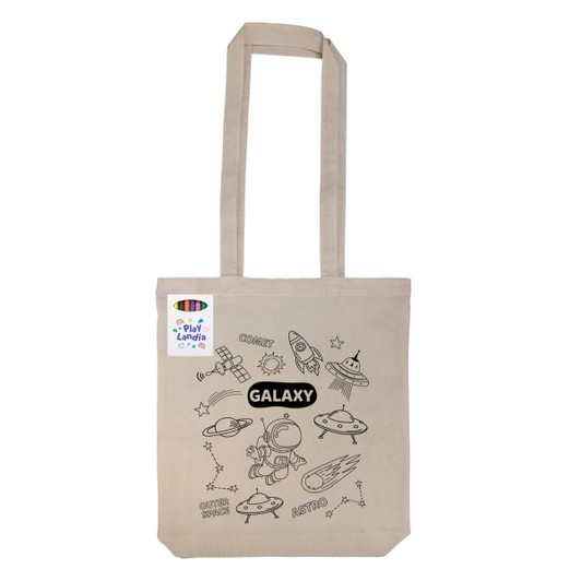 A beige reusable grocery bag featuring space-themed illustrations and a logo.