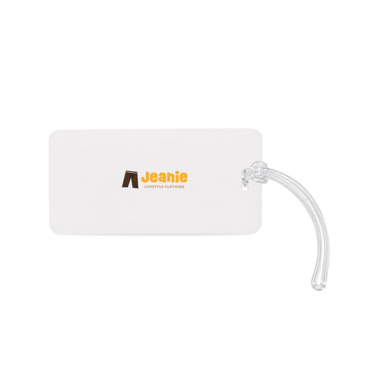 A white luggage tag with a clear attachment and a logo displayed on one side.
