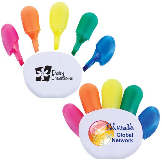 A hand-shaped holder featuring five highlighters in pink, orange, green, and blue colors, with logos on the front.