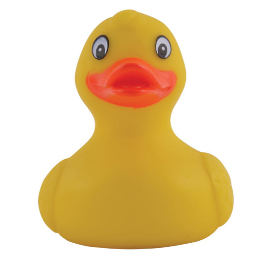 A yellow PVC bath duck featuring a cheerful expression and bright orange beak.