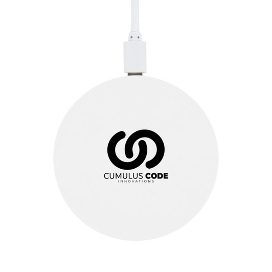 A round wireless charger featuring a white design and the logo of Cumulus Code Innovations.