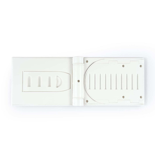 A wireless charger with a sleek, white design featuring a magnetic connector and a textured slot for device placement.