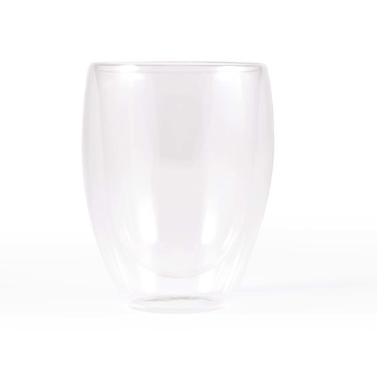A double wall glass cup with a sleek, clear design, featuring a capacity of 350ml, ideal for beverages.