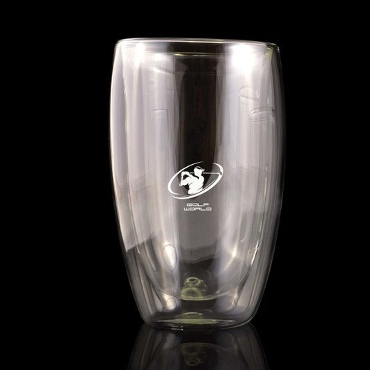 A double wall glass cup with a capacity of 450ml, featuring a sleek design and a logo on the front.