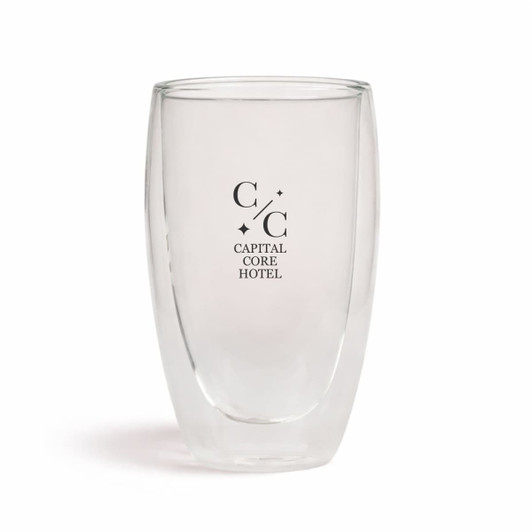 A double wall glass cup in clear with a logo on the front, designed for hot and cold beverages.
