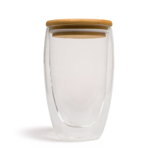 A drink bottle with a transparent double wall glass design and a wooden lid. Suitable for beverages.