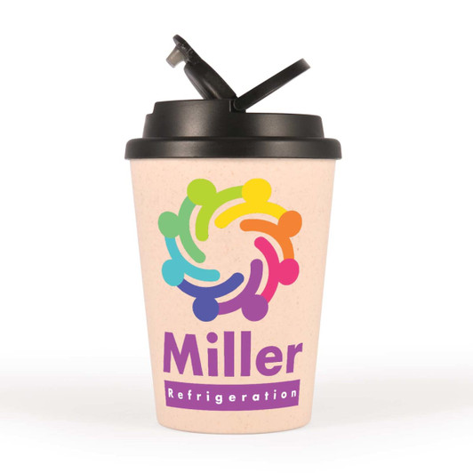 A reusable coffee cup with a light-colored body and a black lid, featuring a colorful logo.