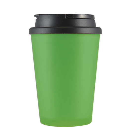 A drinkware coffee mug in vibrant green with a black lid and handle. It features a logo on the surface.