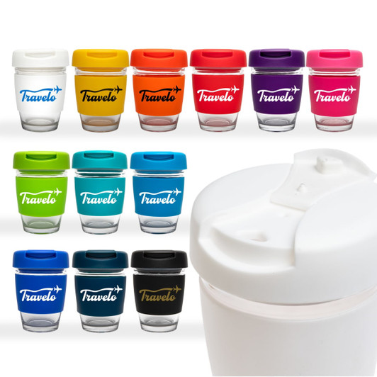 A collection of reusable coffee cups in various colors with flip lids and branding. Each cup is made of transparent material.