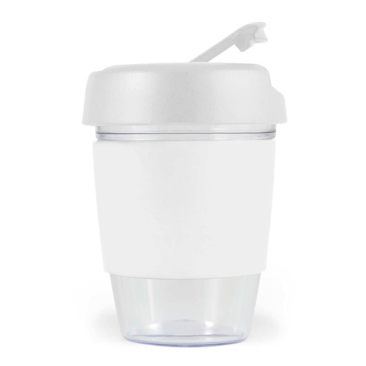 A drink bottle featuring a clear lower section and a white silicone band, topped with a matching white lid.