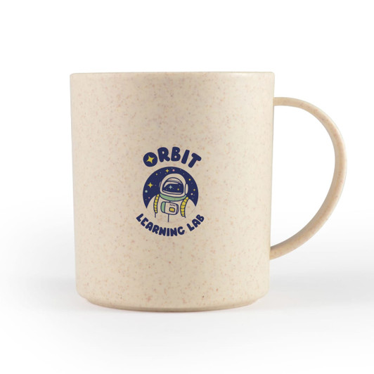 A reusable coffee cup in a cream colour, featuring a logo with an astronaut design.