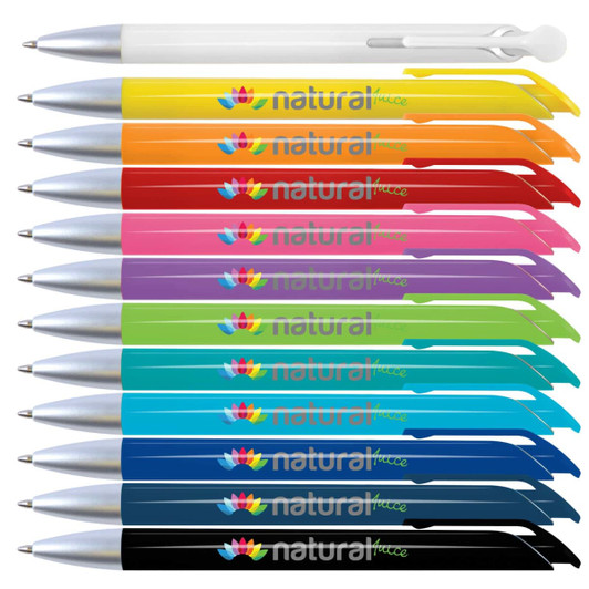 A collection of plastic pens in various colors, featuring silver tips and clips, with logos on each pen.