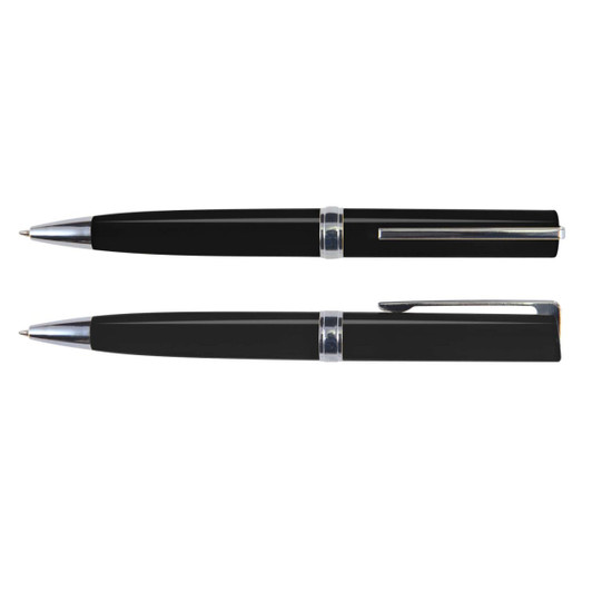 A Gemini Pen in sleek black plastic with chrome accents, displayed in two positions: one capped and one uncapped.