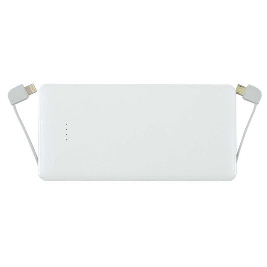 A white power bank with built-in charging cables and indicator lights, featuring a minimalist design and a logo.