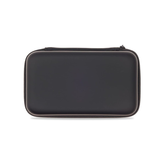 A sleek black power bank with a smooth finish featuring a logo, designed for portable technology charging.