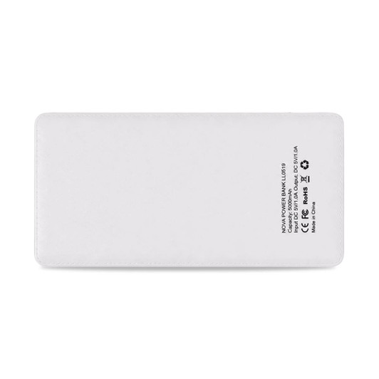 A white power bank with a logo on one side, designed for charging devices.