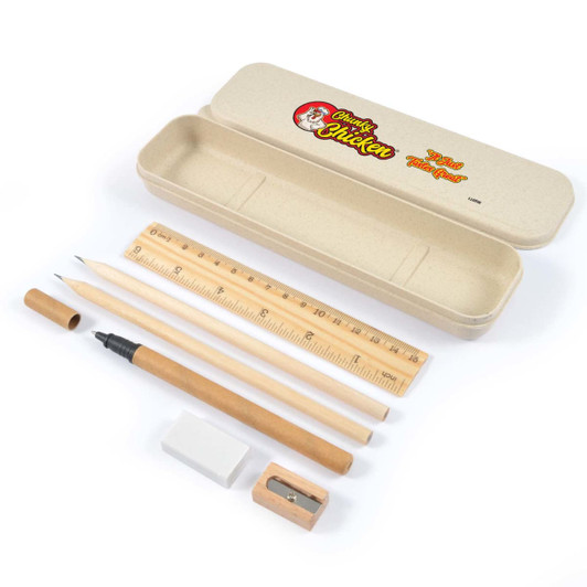 A stationery set featuring a storage case and includes a pencil, wooden ruler, sharpener, eraser, and a black pen.